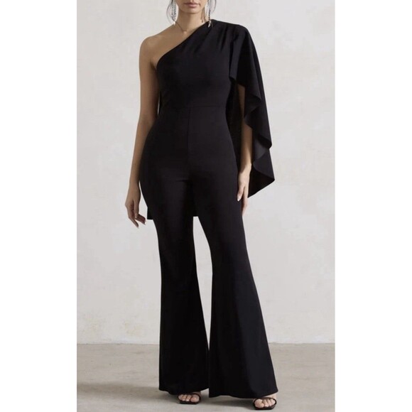 Club London Women Black One Shoulder Jumpsuit Size 16 Flared Leg Shoulder Cape - Picture 1 of 9